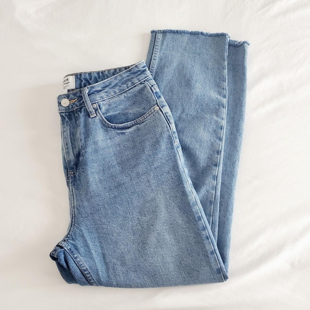 Miss Selfridge High Waist Slim Leg Jeans in Mid Wash Blue